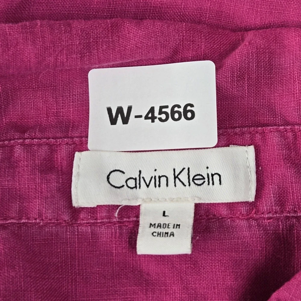 Calvin‎ Klein Women Button Up Shirt L Pink Linen Collared Front